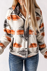 Graue Western-Fleecejacke mit Azteken-Print und Druckknöpfen